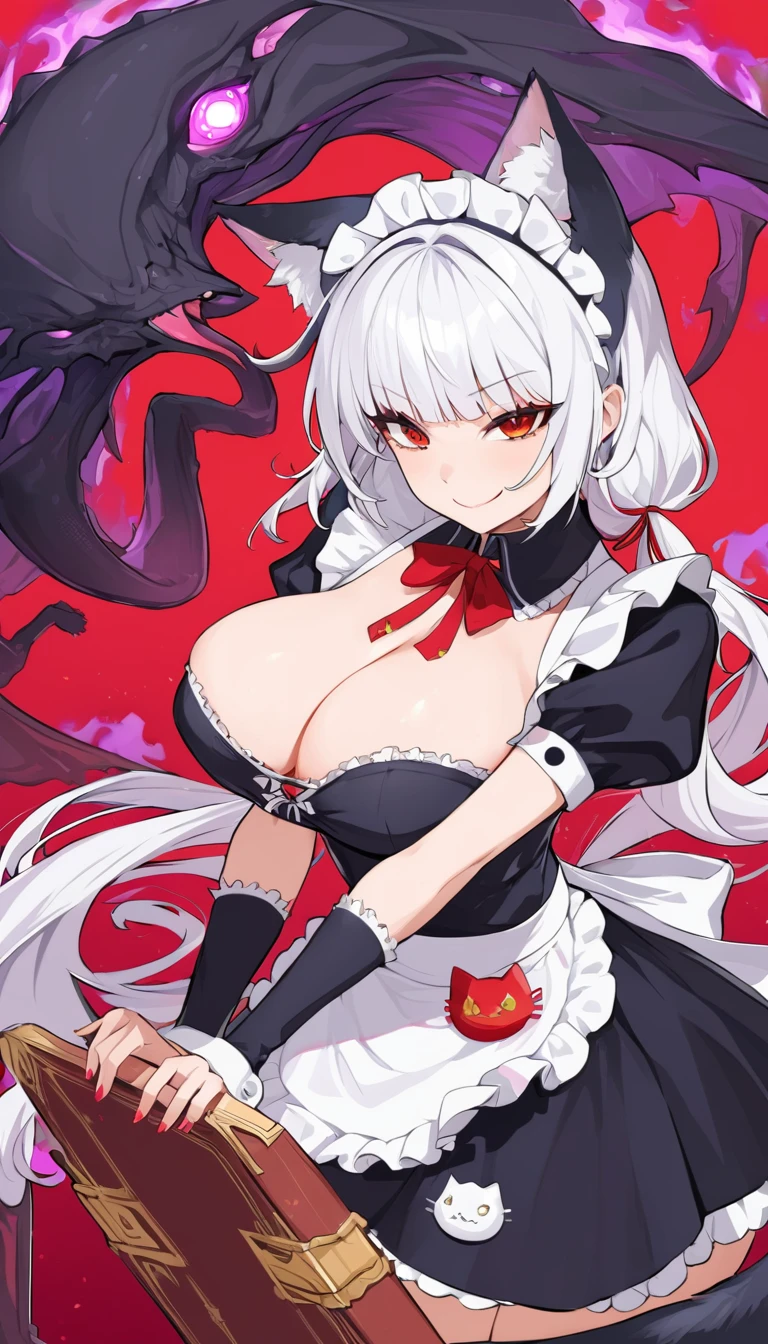 Masterpiece, best quality, high quality, ultra detailed, White hair，bit girl，dual horsetail，black-skinned，One eye is covered by bangs，cat ear，the maid outfit，Devilish charm，Sinister smile，Black whites of the eyeagic Array，Black and red background，slope，Cthulhu，Dark