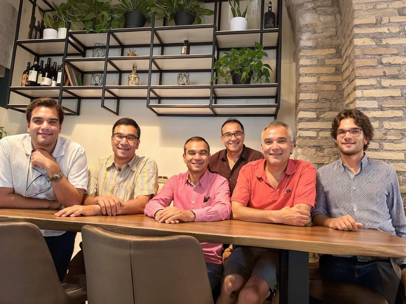 several men of around 30 yo sitting at a table with a wooden table top, high picture quality, group sit at table, taken in 2022, high quality picture,
