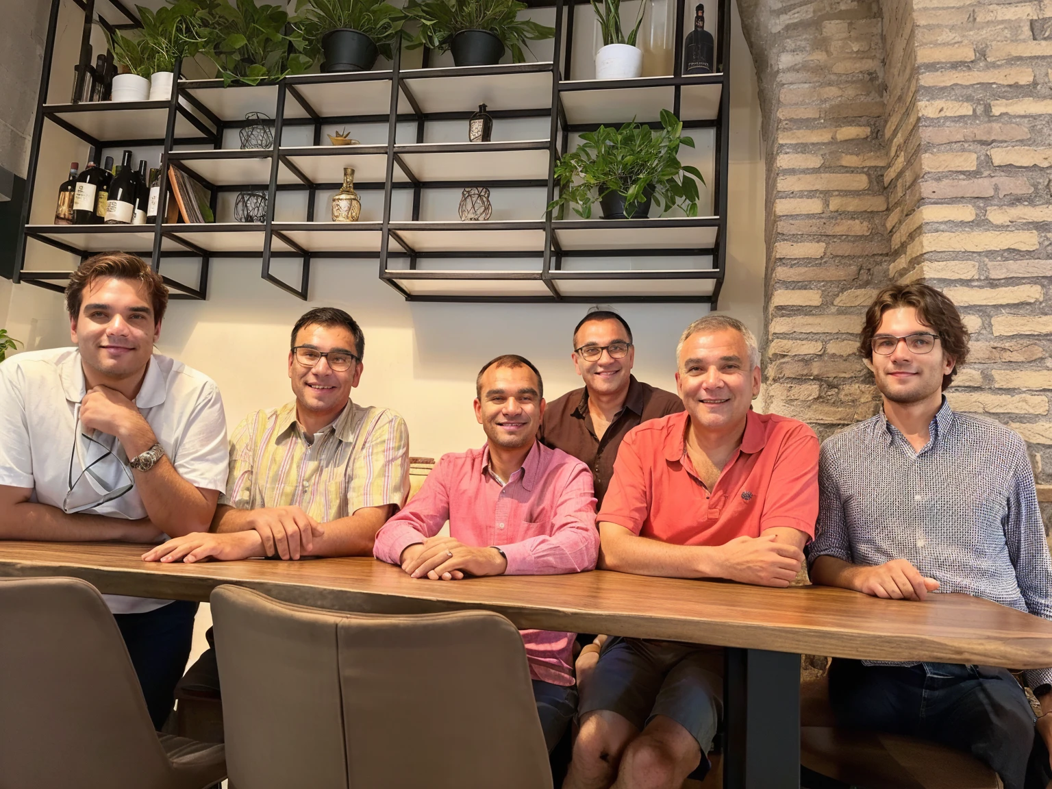 several men of around 30 yo sitting at a table with a wooden table top, high picture quality, group sit at table, taken in 2022, high quality picture,