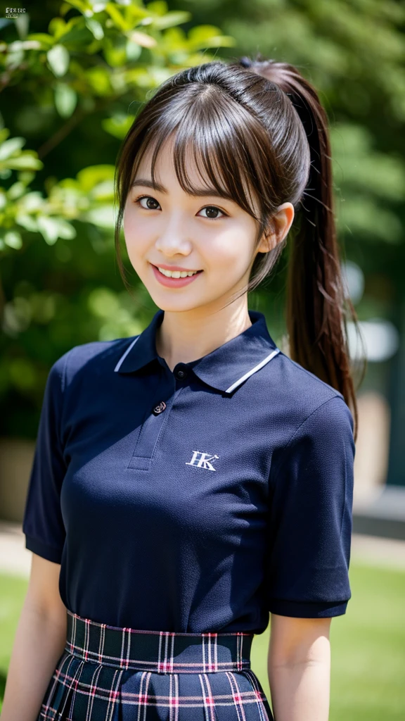 (8K, RAW photo, highest quality, masterpiece:1.3), (realistic, photo-realistic:1.4), (Highly detailed 8K wallpaper), sharp focus, Depth of written boundary,
japanese idol,very cute,(baby face), (extremely detailed 8k wallpaper),photorealistic,detailed skin,raw photo,1 girl,(japanese high school uniform),17 years old japanese idol,ponytail hair,((navy blue polo shirts)),(drooping eyes),tareme,plaid skirts,shibuya,smile,wide shot