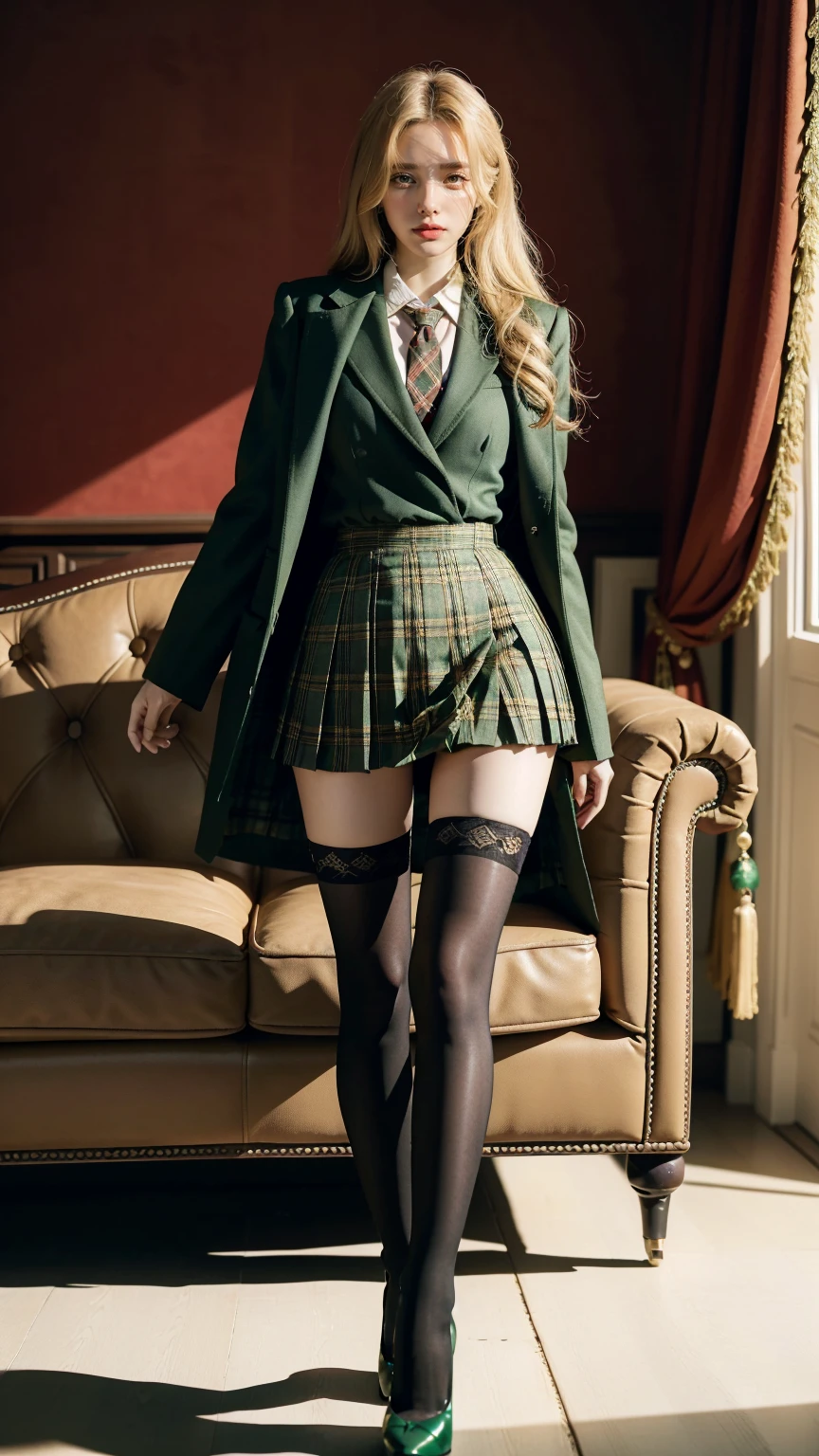 UHD,8K,RAW,girlvn01, 1girl,school,Stunningly Beautiful Girl,green suit,Epaulette, pleated plaid green skirt,plaid red necktie, Long shaped face,Sandy Blonde side-swept hair,standing ,black stocking ,sofa,student boots high heels,full body,