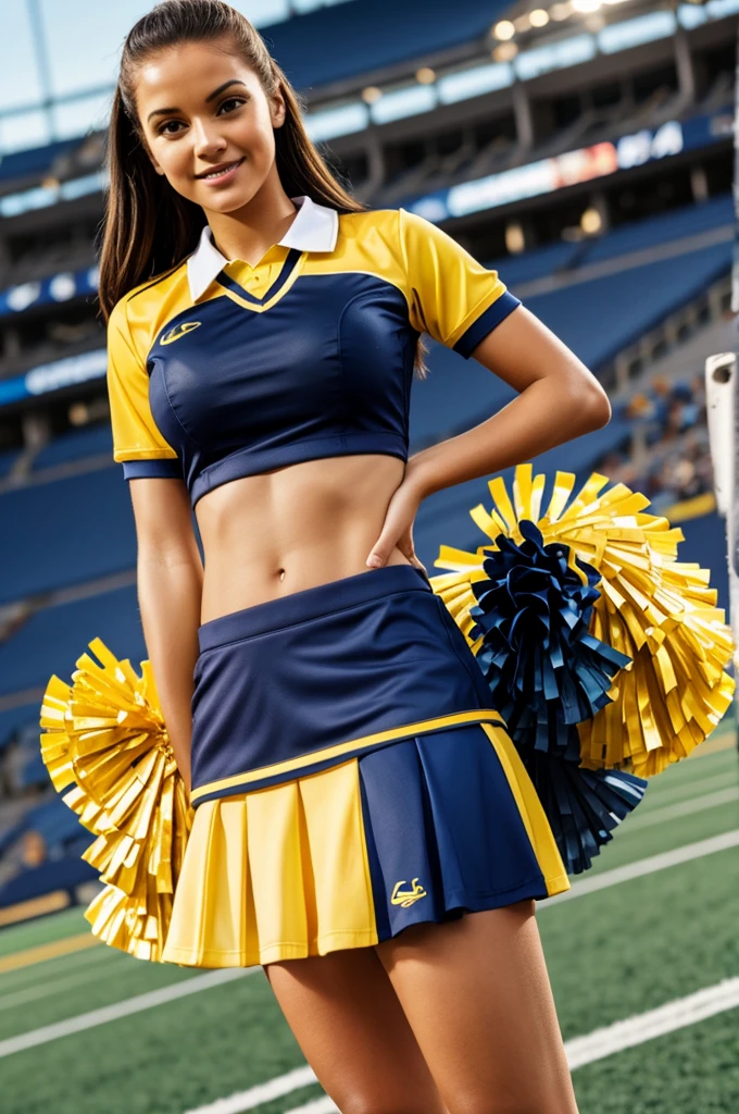 Yellow and navy blue cheerleader uniform
