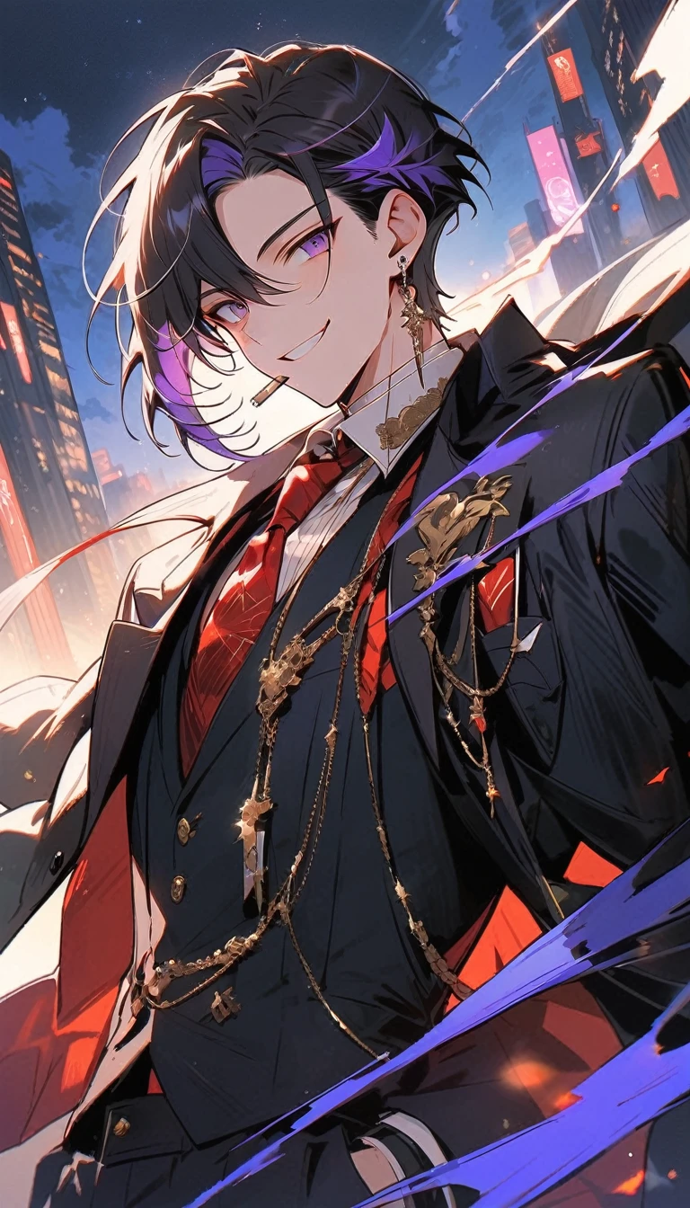 good looking, alone, 1 male, short hair, Smile Facial,1. Boy with black and purple hair, Moderate height, Slim body, Long coat, Black lining,good looking, short hair, Black Hair, Rainbow Hair, Purple eyes, 先端がスモーキーグレーのBlack Hair, smoking, Black light,smile、, Bright, sharp eyes illuminate the scene,uniform,Fewer accessories,whole body,Background white,(masterpiece, Highest quality), Yishang_edge, Default_Costume, One boy, alone, Red tie, Black jacket, Black vest, Jacket on shoulders, White shirt, Collared shirt, Black trousers, View your viewers, city, night, knife,紫色に光るknife身,View your viewers, city, night, From below,Lots of cool accessories