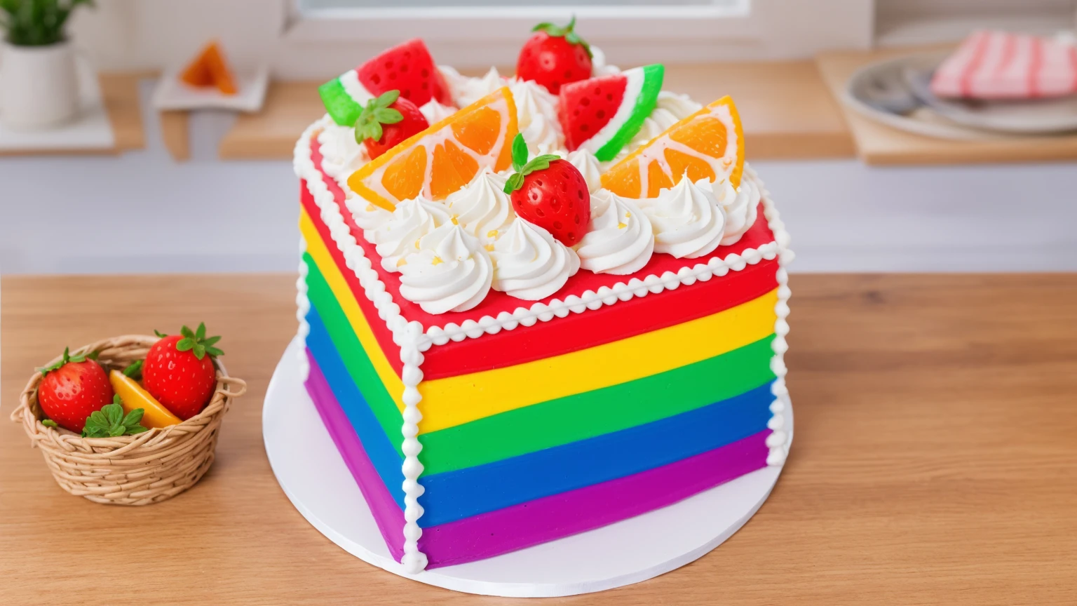 on a wooden table, white plate, a tiny cream rainbow cake, with cream lines drawn on its edges, white cream swirls, tiny strawberries, oranges and watermelon slices made of polymer clay on the cake, window light, bright lights, soft light, window light, professional lighting, light from the window, neat light, realistic texture, realistic style, detailed texture, high quality, high resolution, high quality rendering, realistic photo, brightning light, macro photo