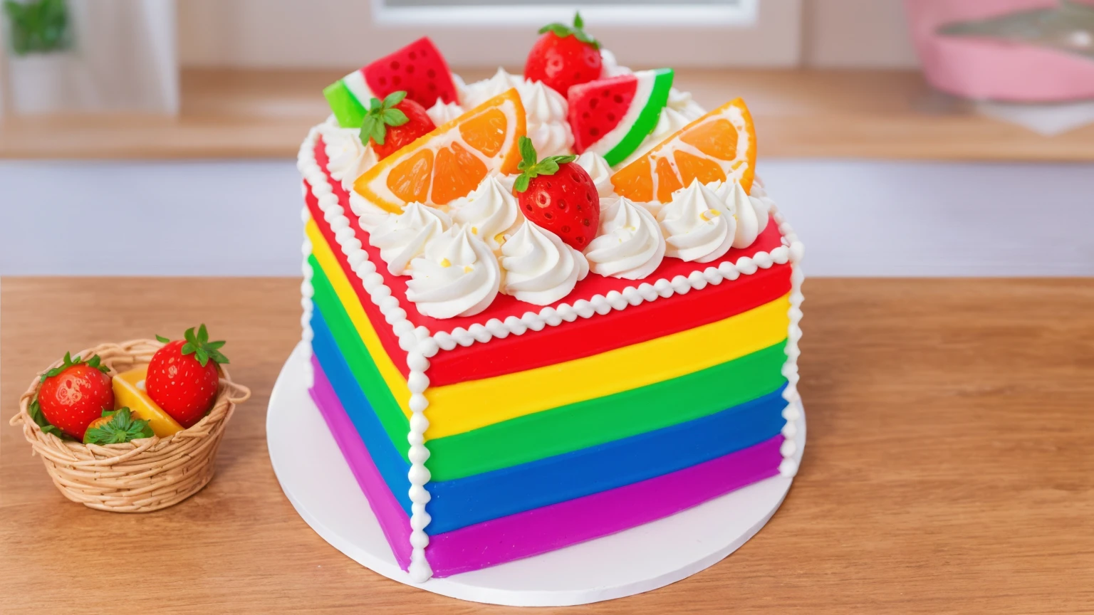 on a wooden table, white plate, a tiny cream rainbow cake, with cream lines drawn on its edges, white cream swirls, tiny strawberries, oranges and watermelon slices made of polymer clay on the cake, window light, bright lights, soft light, window light, professional lighting, light from the window, neat light, realistic texture, realistic style, detailed texture, high quality, high resolution, high quality rendering, realistic photo, brightning light, macro photo