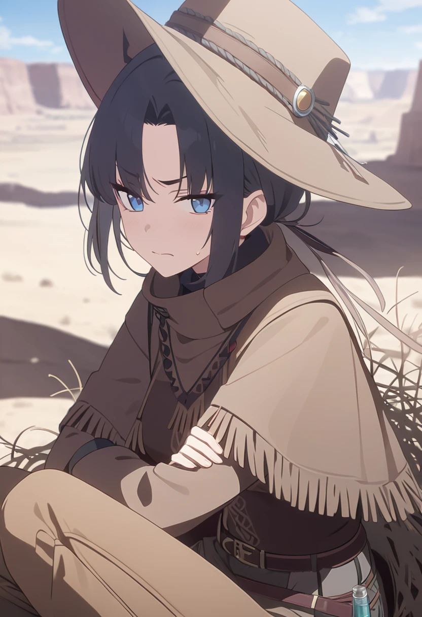 masterpiece,best quality,depth of field,8K,looking at the viewer,dark gray hair,blue eyes,light brown chaps,dark brown poncho,갈색 Ten gallon hat,brown leather jumper,chic,wseifuku,male,sky,frowning,badlands,western frontier,tumbleweed rolling around,sitting