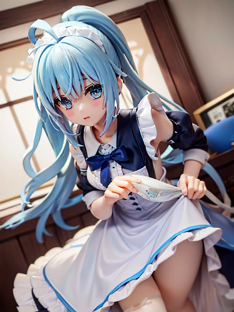 One Girl,Light blue hair,Yellow and light blue eyes,Odd Eye,Long ponytail,Bangs,Ahoge,Maid clothes,Big white ribbon in hair,Android