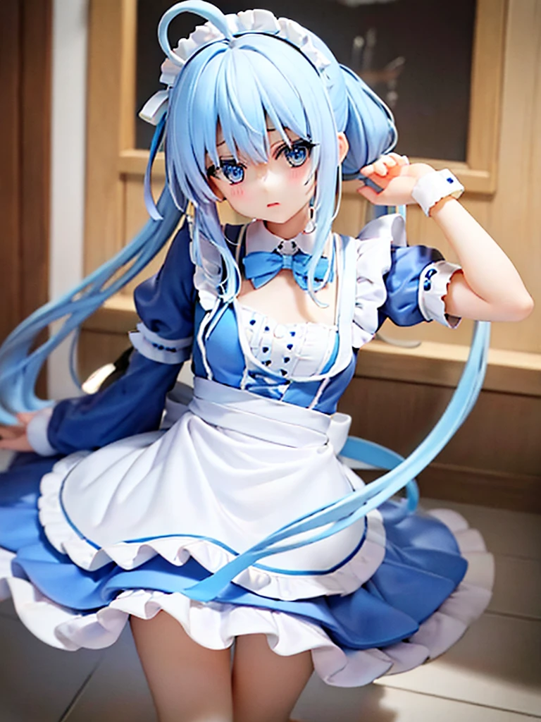 One Girl,Light blue hair,Yellow and light blue eyes,Odd Eye,Long ponytail,Bangs,Ahoge,Maid clothes,Big white ribbon in hair,Android