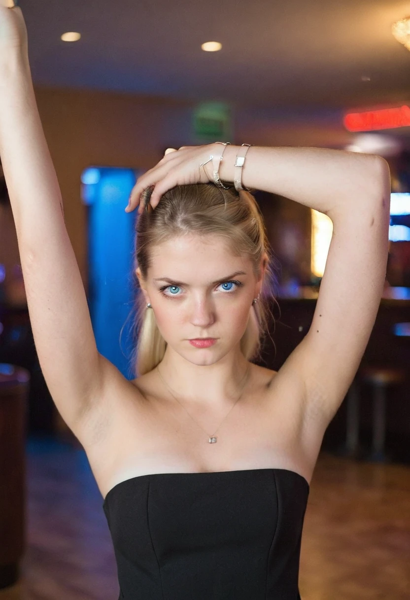 Phone photo, angry looking of 18 years old girl, wearing ((strapless dress)), (((arms behind head))), arms up, armpits, natural light, blue eyes, light blonde hair, arms up, sweaty, at strip club, detailed face, detailed armpits, posted at snapchat in 2019, super cute face, pale skin, 