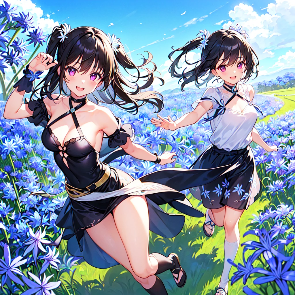masterpiece, best quality, high quality, extremely detailed, very delicate and beautiful, (1 female 18 years old solo:1.5), (long black hair up to waist with two side up:1.5), bangs to eyebrows, eyes Eyebrows glossy, (eye color magenta:1.3), 6.5 head height, (agapanthus flower print summer fashion:1.3), knee socks, lace, frills, (smiling), (running:1.3), (smiling), (dynamic pose), (background agapanthus flower field:1.3), ( Blue sky:1.3)