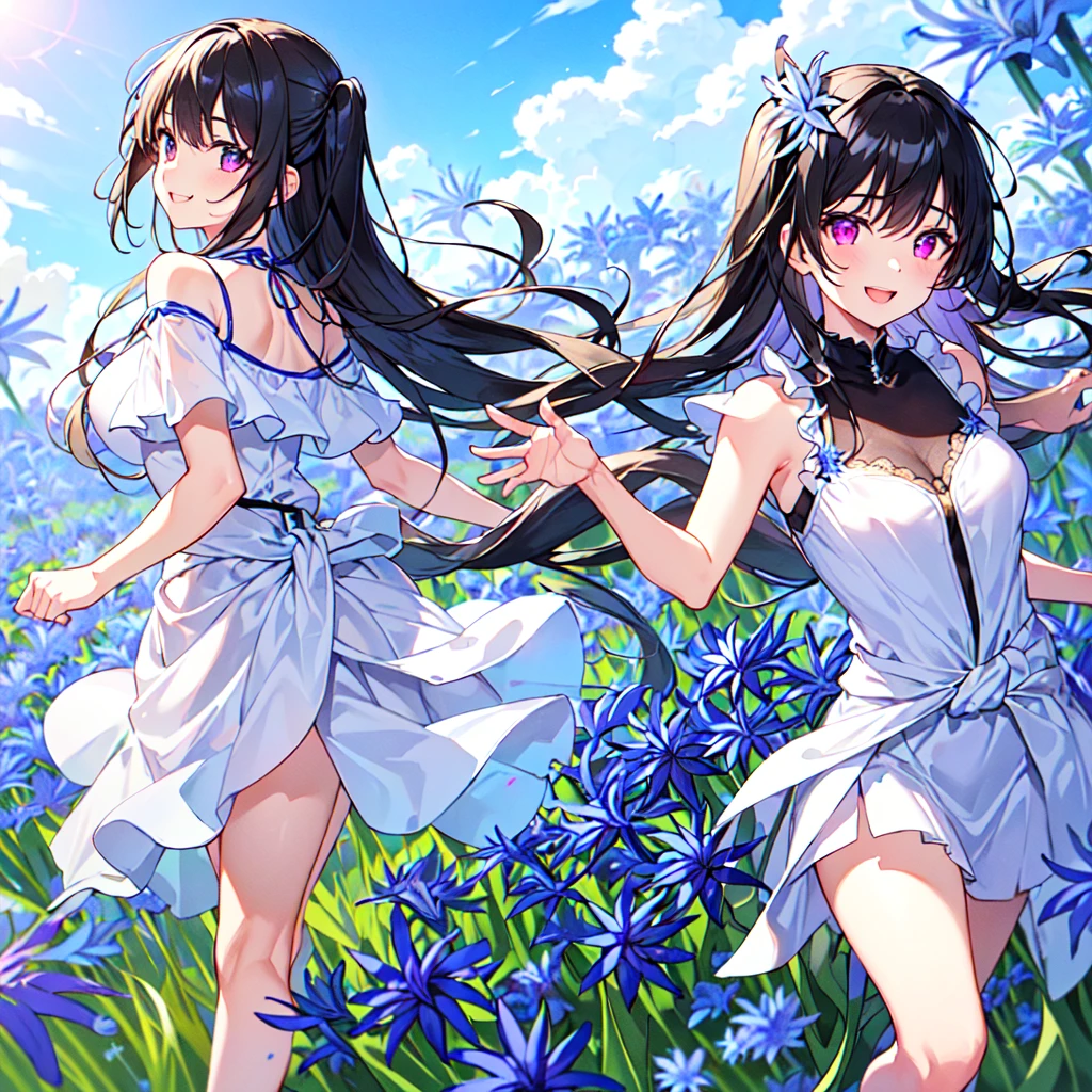 masterpiece, best quality, high quality, extremely detailed, very delicate and beautiful, (1 female 18 years old solo:1.5), (long black hair up to waist with two side up:1.5), bangs to eyebrows, eyes Eyebrows glossy, (eye color magenta:1.3), 6.5 head height, (agapanthus flower print summer fashion:1.3), knee socks, lace, frills, (smiling), (running:1.3), (smiling), (dynamic pose), (background agapanthus flower field:1.3), ( Blue sky:1.3)