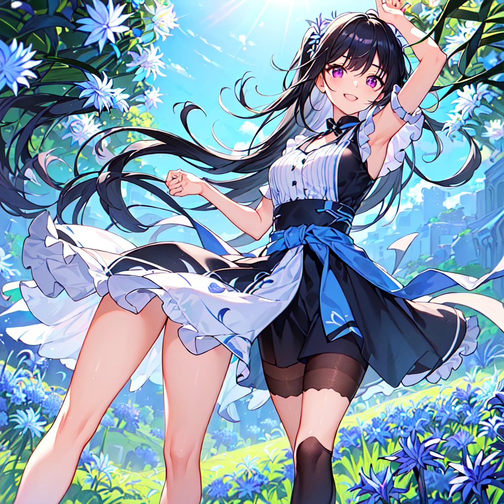 masterpiece, best quality, high quality, extremely detailed, very delicate and beautiful, (1 female 18 years old solo:1.5), (long black hair up to waist with two side up:1.5), bangs to eyebrows, eyes Eyebrows glossy, (eye color magenta:1.3), 6.5 head height, (agapanthus flower print summer fashion:1.3), knee socks, lace, frills, (smiling), (running:1.3), (smiling), (dynamic pose), (background agapanthus flower field:1.3), ( Blue sky:1.3)