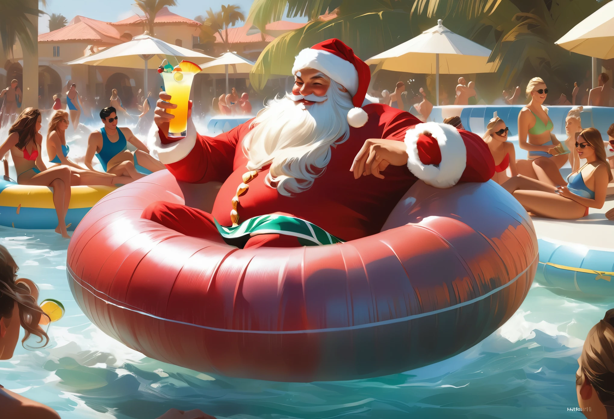 Santa on vacation, 🎅 🏝️ , santa relaxing on a waterpark lazyriver innertube, floating along, holding a cocktail, rosy cheek smile, digital painting by charlie bowater and da vinci and michael garmash, Haddon Sundblom, tiago hoisel