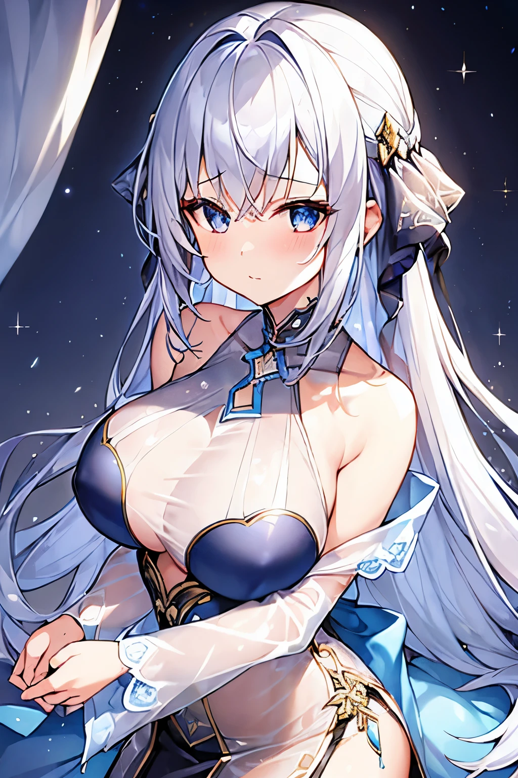 1 girl、Silver Hair、((See-through vestments))、Fantasy Clothing、(Big slit、mini skirt)、Blue and black decor、Bigger breasts、Chest open、Shoulder Bare、Upper body only、Ice crystals