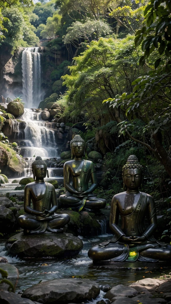 A serene Buddha statue sits in meditation under a tree, surrounded by a seven-headed Naga. In the background, there are waterfalls and lush green mountains. The scene is filled with colorful flowers and various trees. The Naga heads are positioned in a protective stance with fierce expressions. The overall atmosphere is tranquil and sacred.