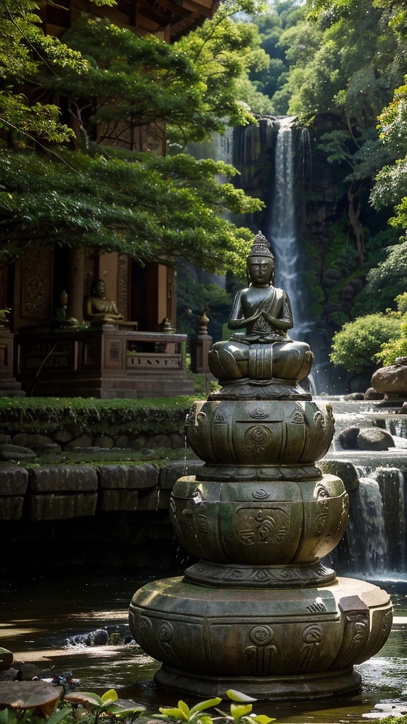 A serene Buddha statue sits in meditation under a tree, surrounded by a seven-headed Naga. In the background, there are waterfalls and lush green mountains. The scene is filled with colorful flowers and various trees. The Naga heads are positioned in a protective stance with fierce expressions. The overall atmosphere is tranquil and sacred.