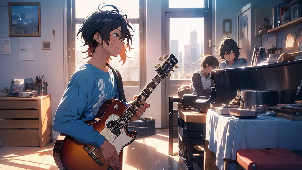The image should feature an anime character standing by a window with morning light streaming in. The character is wearing a favorite shirt and holding a guitar, looking ready to face the day with a confident and lively expression. The background can show a lively cityscape, transitioning from day to night with city lights flickering as the night rolls in. The character should appear full of life and freedom, symbolizing the themes of the song. Incorporate elements like musical notes and rhythms around the character to emphasize their musical journey. The overall mood should be vibrant, energetic, and hopeful