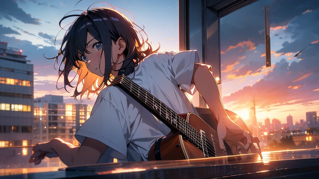 The image should feature an anime character standing by a window with morning light streaming in. The character is wearing a favorite shirt and holding a guitar, looking ready to face the day with a confident and lively expression. The background can show a lively cityscape, transitioning from day to night with city lights flickering as the night rolls in. The character should appear full of life and freedom, symbolizing the themes of the song. Incorporate elements like musical notes and rhythms around the character to emphasize their musical journey. The overall mood should be vibrant, energetic, and hopeful