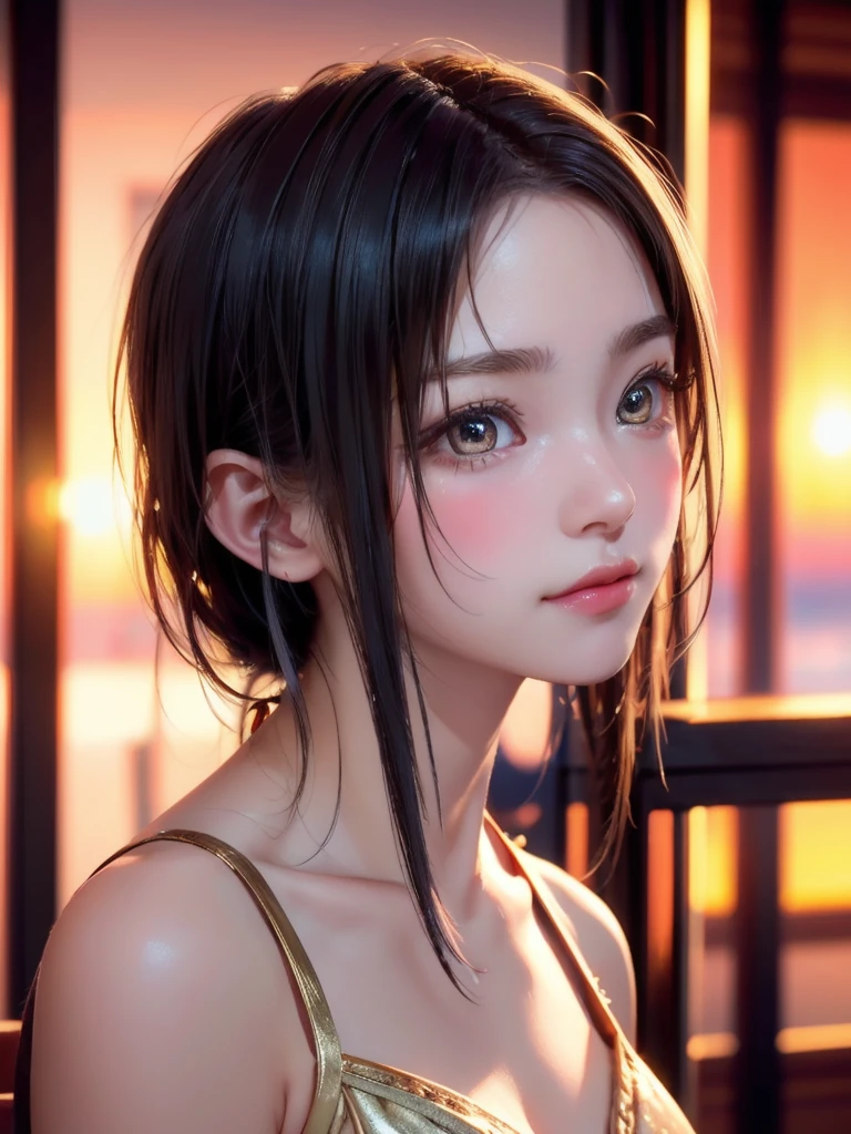 One Girl，(1人のとてもcute女の子:1.3)，masterpiece，Highest quality，High resolution，From below，Low - Angle，Photorealistic，RAW Photos，Ray Tracing，Physically Based Rendering，beautiful girl，(15 years old:1.3)，cute，Big eyes，(detailed pupils:1.2)，(The face is facing straight ahead:1.3)，Body facing forward，Beautiful nose，High nose，Upturned nose，Fuller lips，Short black hair，ponytail，short hair，Detailed eyelashes，Thin eyebrows，Very fine grain definition，(Symmetrical eyes，Golden Ratio:1.3)，(Face close-up，Face Focus:1.0)，Small breasts，Short neck，White swimsuit，White Bikini，The background is the sea，Southern Island，sunset，Sunset，Portrait，View Viewer，Upper Body，Cinema Lighting，High resolution，Very detailed
