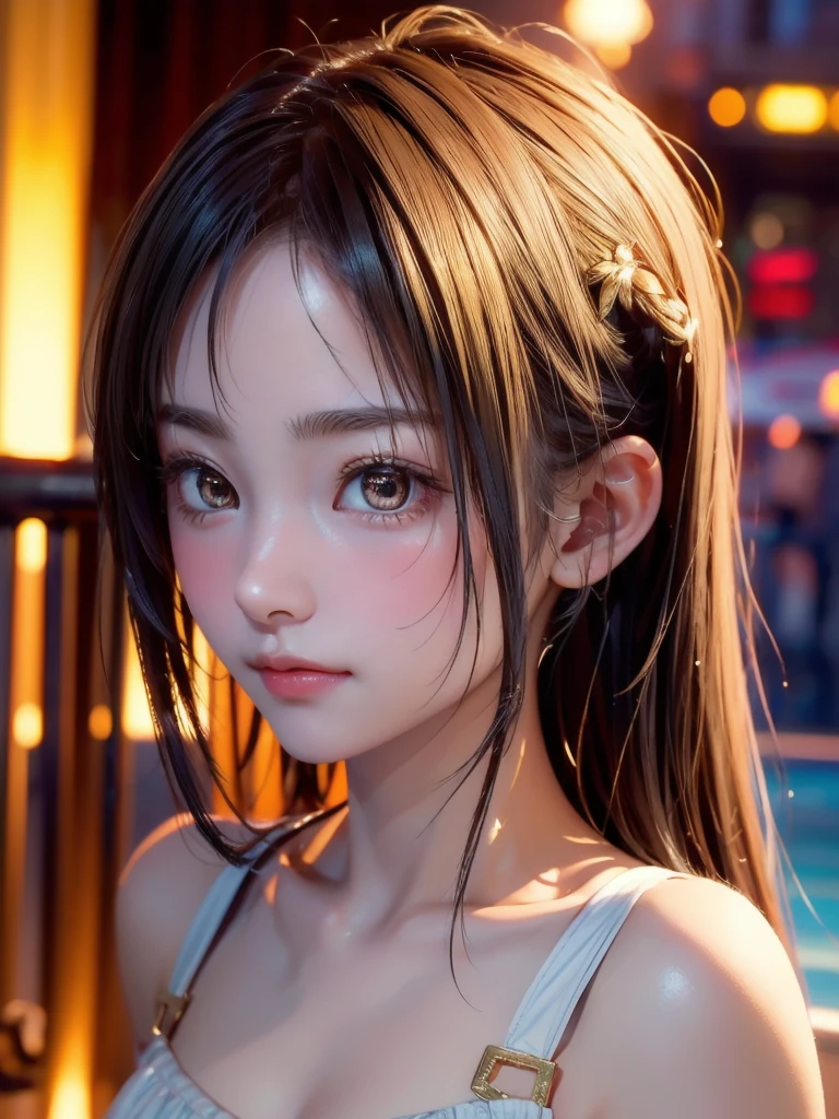 One Girl，(1人のとてもcute女の子:1.3)，masterpiece，Highest quality，High resolution，From below，Low - Angle，Photorealistic，RAW Photos，Ray Tracing，Physically Based Rendering，beautiful girl，(15 years old:1.3)，cute，Big eyes，(detailed pupils:1.2)，(The face is facing straight ahead:1.3)，Body facing forward，Beautiful nose，High nose，Upturned nose，Fuller lips，Short black hair，ponytail，short hair，Detailed eyelashes，Thin eyebrows，Very fine grain definition，(Symmetrical eyes，Golden Ratio:1.3)，(Face close-up，Face Focus:1.0)，Small breasts，Short neck，White swimsuit，White Bikini，The background is the sea，Southern Island，sunset，Sunset，Portrait，View Viewer，Upper Body，Cinema Lighting，High resolution，Very detailed