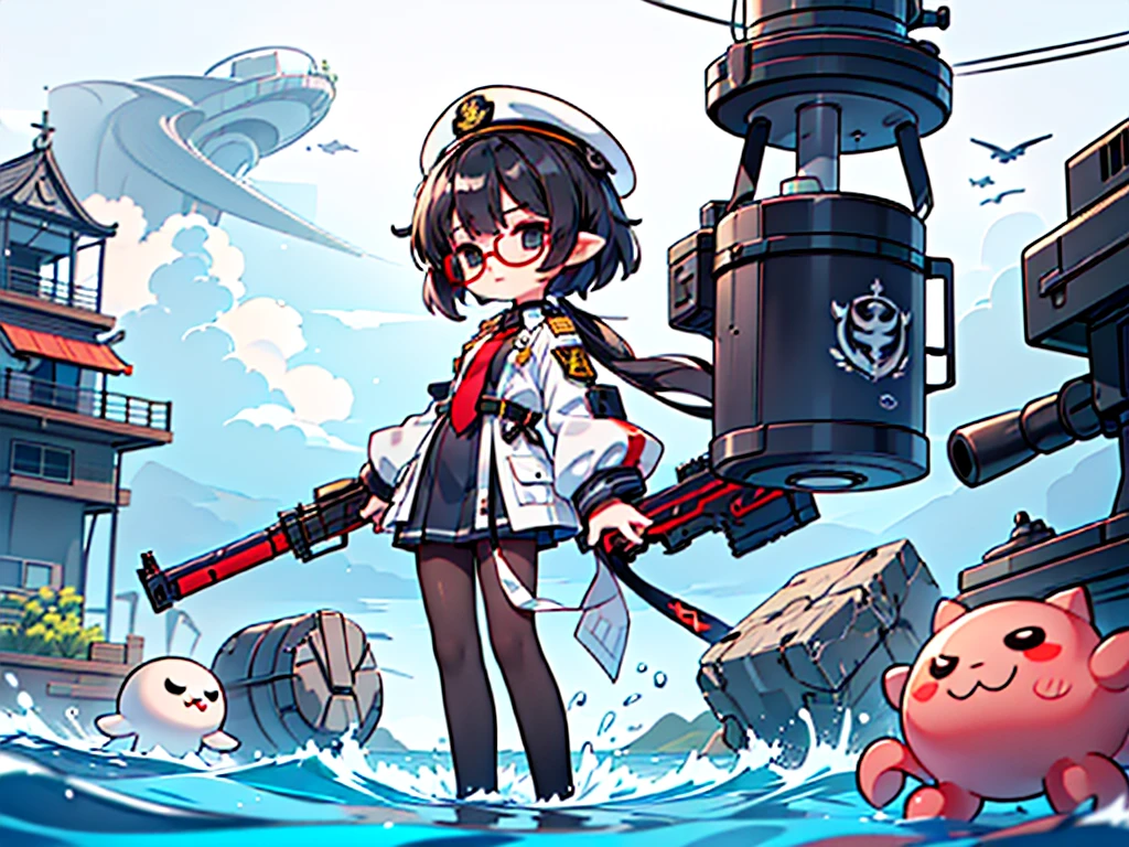 (((masterpiece, Vision))), ((((Full body of a woman with perfect flat chest、1 Female、solo、Short unkempt black hair、Tie your messy hair at the nape of your neck、white military jacket、Miko costume、black tights、Black glasses are black、White military cap、Cloudy black eyes、Confused eyes、Junyo-inspired emblem)))), (((Shipgirl))), ((Floating on the morning sea with both feet)), (Standing with your legs apart)), Aim, (Hold the shotgun turret grip with your right hand), (Four mechanical tentacles covered in white armor extend from its back.), (Mechanical tentacles holding machine guns), (Equipped with a bridge on the back), (His left arm holds the grip of a triple machine gun),