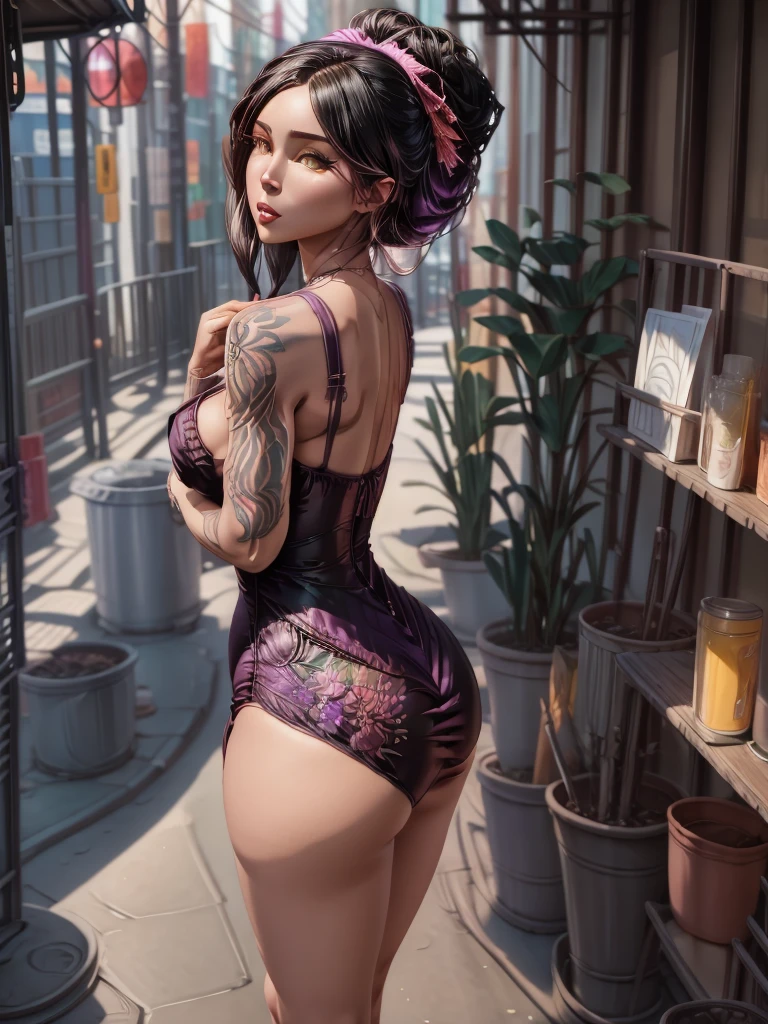highly detailed portrait of 2 tatooed women, one black woman in a mini-dress and one Caucasian woman in a mini-dress, 2girls, by Atey ghailan, by greg rutkowski, by greg tocchini, by James gilleard, by Joe Fenton, by Kaethe butcher, voluptuous, super detailed face, ample curvaceous, highly detailed accentuated big booty with phenomenal detailed booty cheeks, great aesthetics, gradient purple, neon color scheme, grunge aesthetics, nightclub background, cinematic lighting, 32k, uhd,