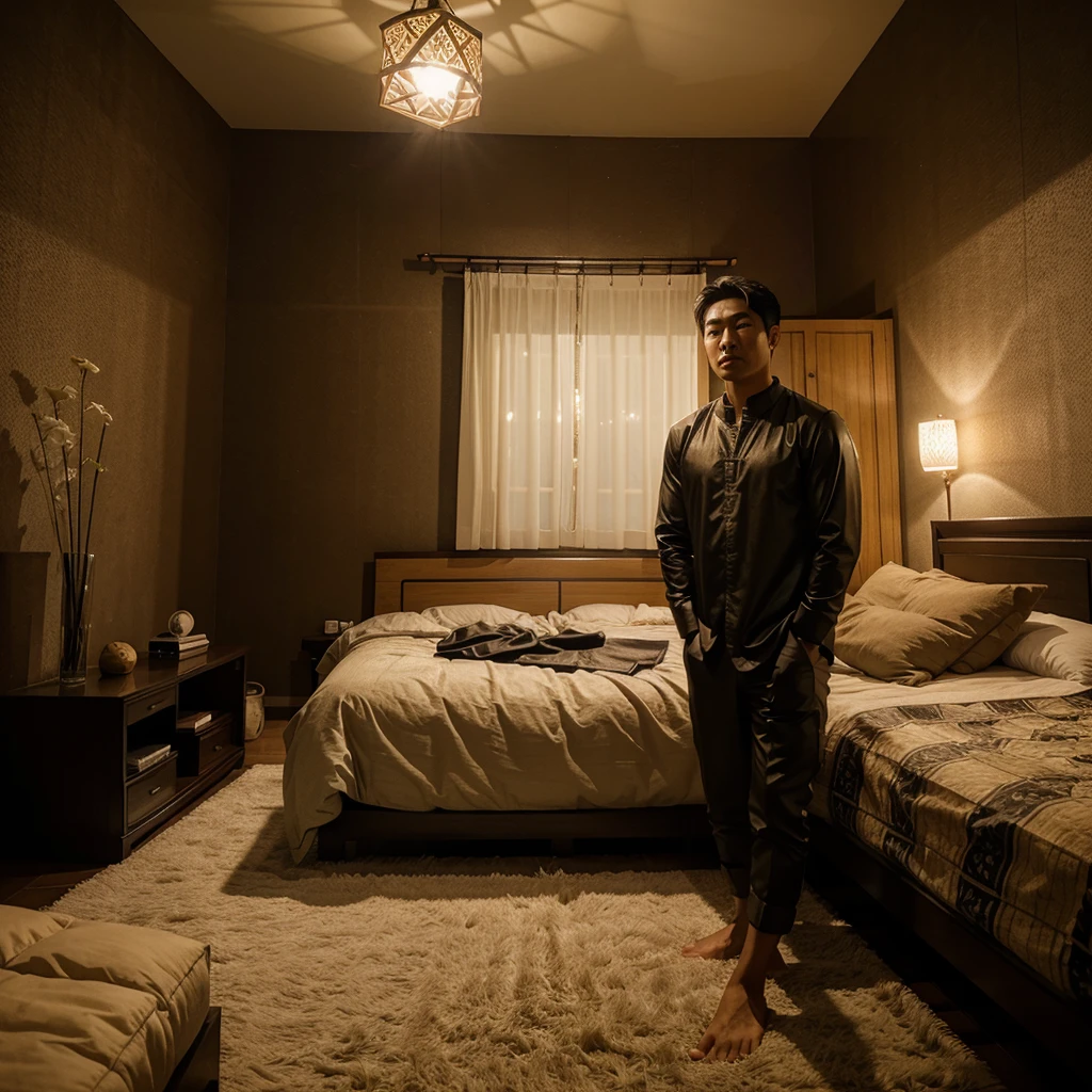 a beautiful woman with handsome asian man, wear piyama, atraktif, fullview bedroom in the night, 