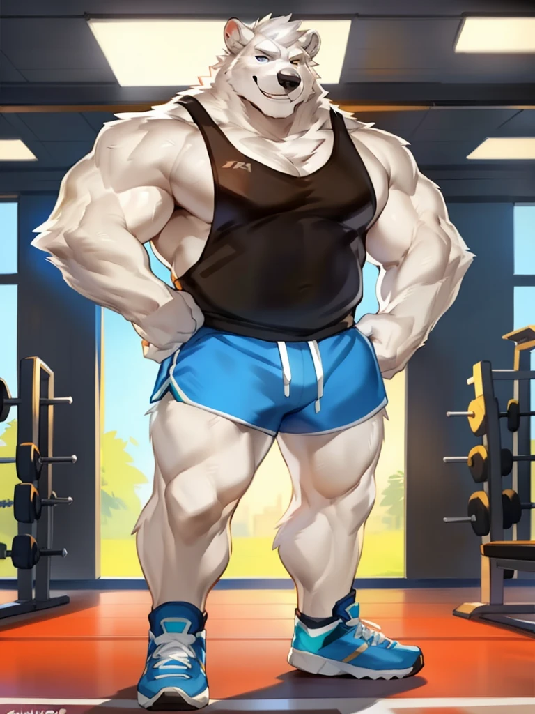 Solo, Male, polar bear, (short hair, snout), messy fur, messy hair, smirking, notched ear, by Bebebebebe, by Spikes, By Darkgem, by Mystic Fox 61, by Chunie, standing, tank top, gym shorts, gym shoes, looking at viewer, Dilf, Daddy, father figure, mature male, hunk, pecs, very detailed gym clothing, very detailed fur texture, very detailed lighting, very detailed eyes, gloves, very well drawn gym clothing, very well drawn face