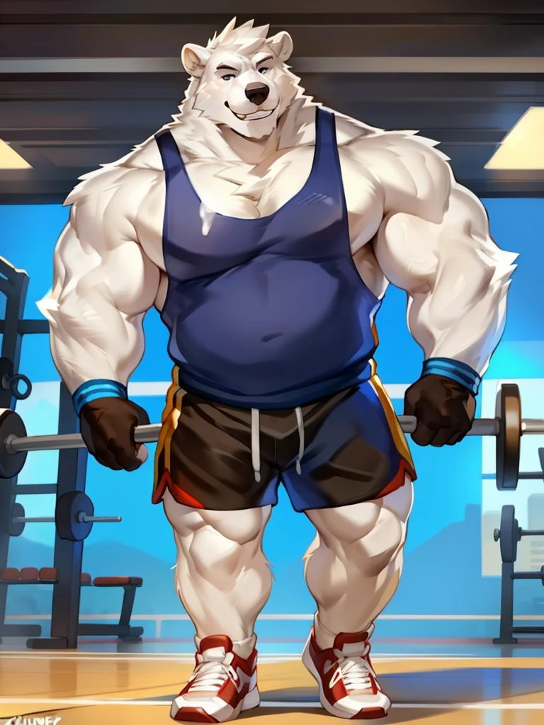 Solo, Male, polar bear, (short hair, snout), messy fur, messy hair, smirking, notched ear, by Bebebebebe, by Spikes, By Darkgem, by Mystic Fox 61, by Chunie, standing, tank top, gym shorts, gym shoes, looking at viewer, Dilf, Daddy, father figure, mature male, hunk, pecs, very detailed gym clothing, very detailed fur texture, very detailed lighting, very detailed eyes, gloves, very well drawn gym clothing, very well drawn face