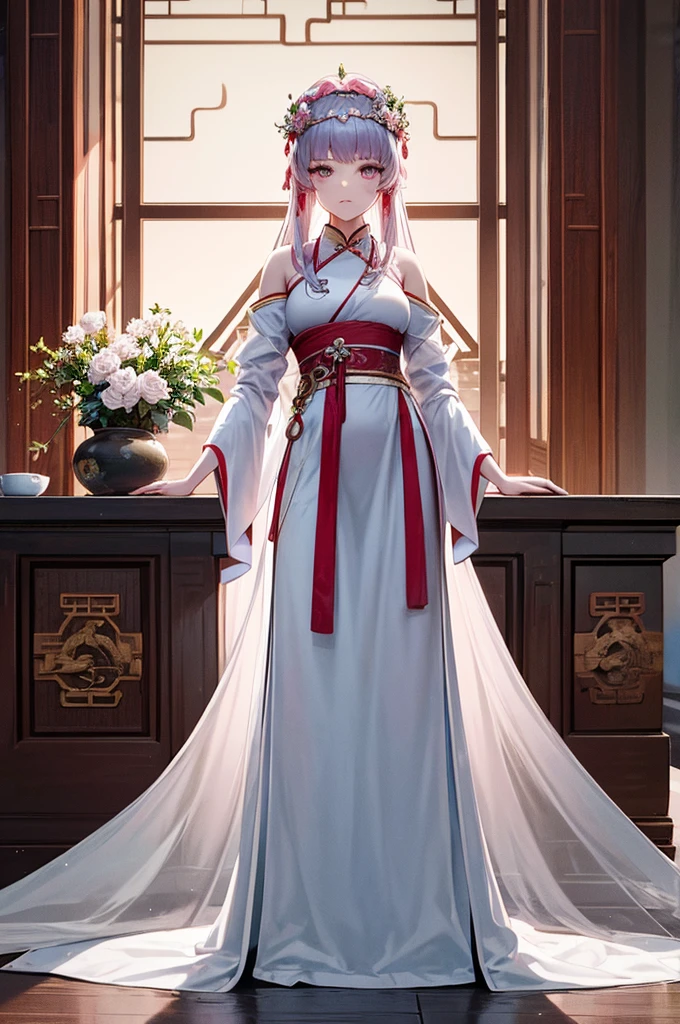 A woman in a pink dress with a flower crown on her head, Hanfu, palace , a girl in Hanfu, ancient Chinese Princess, Beautiful Fantasy Empress, Ancient Chinese Art Styles, Princess of an ancient Asian dynasty, Empress of China, white Hanfu, Chinese Princess,Look down,