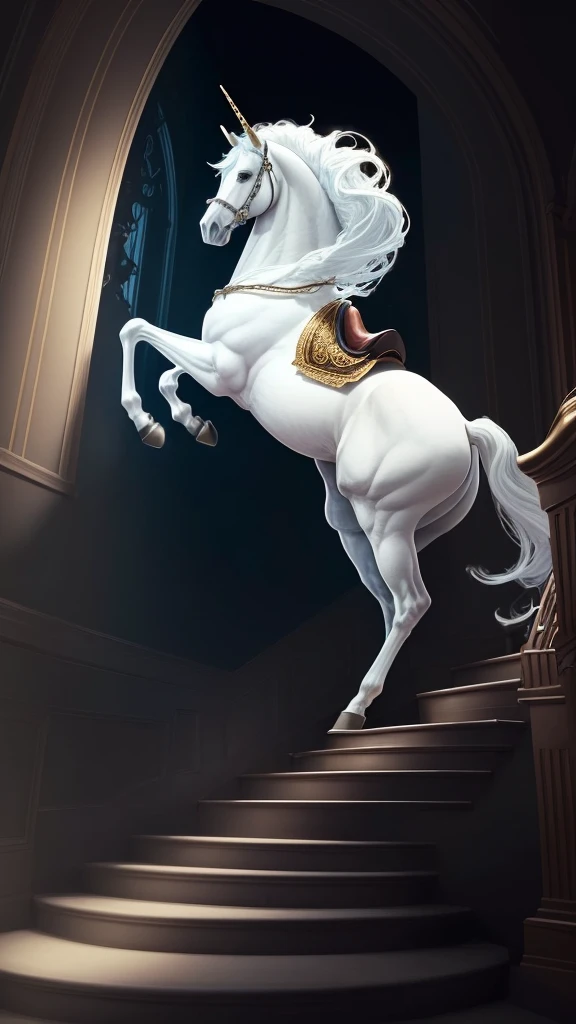A Prince Charming riding a white horse, but the horse is a unicorn. The unicorn is walking in a city with Victorian-style townhouses, which have prominent balconies and numerous stairs. The prince is in the center of the image, with his colors matching the background to avoid too much contrast. A crescent moon is above, with its light shining on the prince riding the white horse. The upper part of the Victorian-style townhouses has a faint bluish fire burning. The overall tone of the image is slightly dark but warm, mysterious yet intriguing. The image should be realistic, not cartoonish.