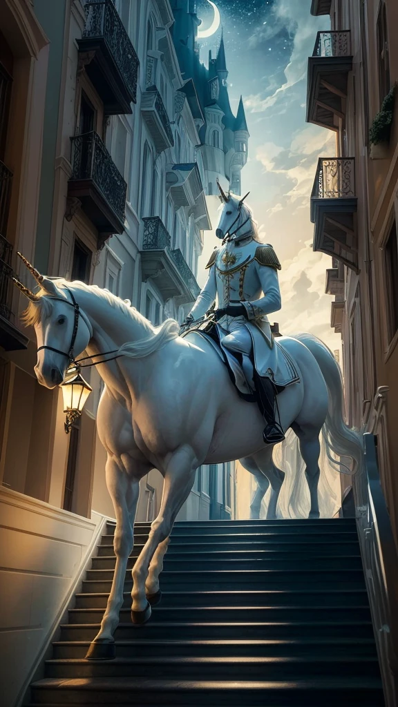 A Prince Charming riding a white horse, but the horse is a unicorn. The unicorn is walking in a city with Victorian-style townhouses, which have prominent balconies and numerous stairs. The prince is in the center of the image, with his colors matching the background to avoid too much contrast. A crescent moon is above, with its light shining on the prince riding the white horse. The upper part of the Victorian-style townhouses has a faint bluish fire burning. The overall tone of the image is slightly dark but warm, mysterious yet intriguing. The image should be realistic, not cartoonish.