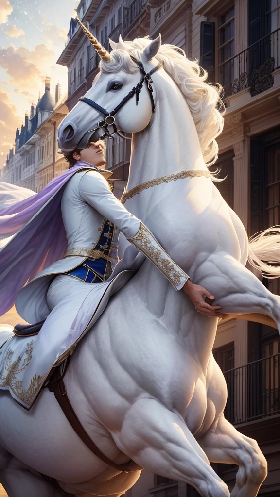 A Prince Charming riding a white horse, but the horse is a unicorn. The unicorn is walking in a city with Victorian-style townhouses, which have prominent balconies and numerous stairs. The prince is in the center of the image, with his colors matching the background to avoid too much contrast. A crescent moon is above, with its light shining on the prince riding the white horse. The upper part of the Victorian-style townhouses has a faint bluish fire burning. The overall tone of the image is slightly dark but warm, mysterious yet intriguing. The image should be realistic, not cartoonish.
