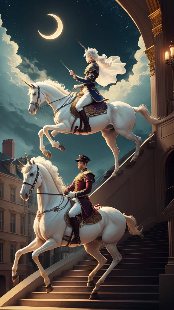 A Prince Charming riding a white horse, but the horse is a unicorn. The unicorn is walking in a city with Victorian-style townhouses, which have prominent balconies and numerous stairs. The prince is in the center of the image, with his colors matching the background to avoid too much contrast. A crescent moon is above, with its light shining on the prince riding the white horse. The upper part of the Victorian-style townhouses has a faint bluish fire burning. The overall tone of the image is slightly dark but warm, mysterious yet intriguing. The image should be realistic, not cartoonish.