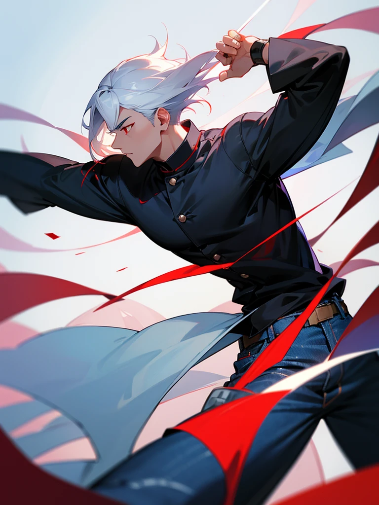 Handsome Asian man, white hair, red eyes, The black shirt says "Luxion", jeans, fine quality, nice photo, Side view, shooting 10 meters.