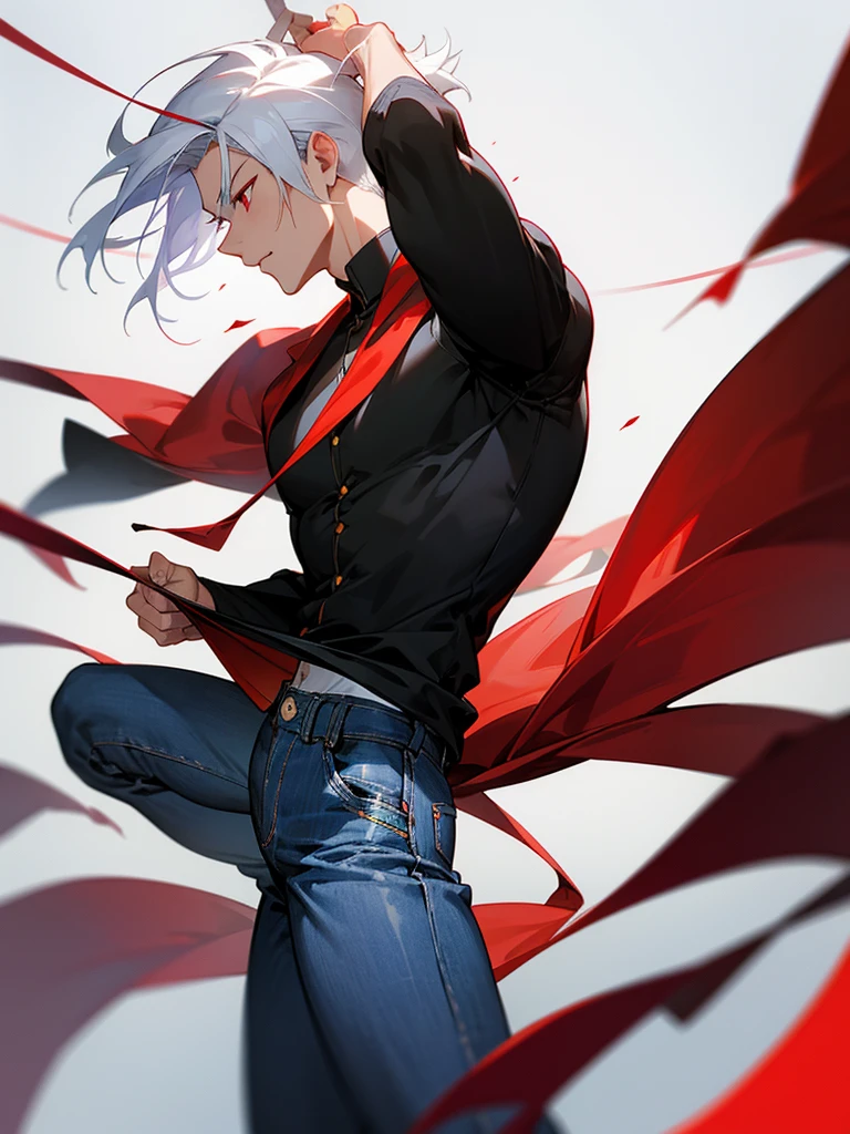 Handsome Asian man, white hair, red eyes, The black shirt says "Luxion", jeans, fine quality, nice photo, Side view, shooting 10 meters.