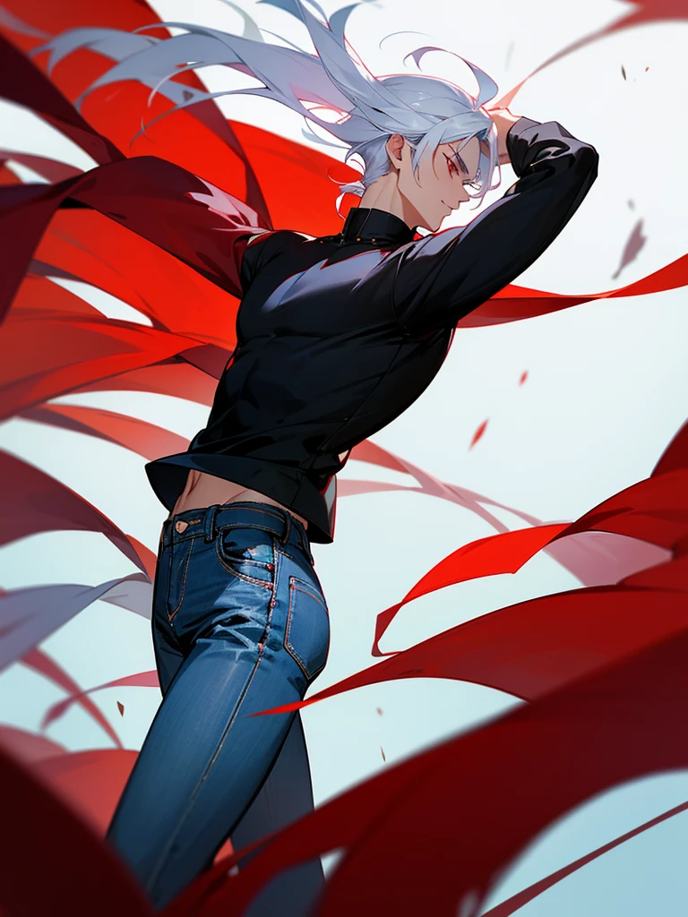 Handsome Asian man, white hair, red eyes, The black shirt says "Luxion", jeans, fine quality, nice photo, Side view, shooting 10 meters.