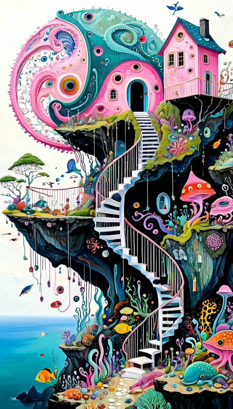 "Dick Ellescas Artist Style",cabin on cliff,Tentacles瀑布,粉色美人fish、fish,Tentacles,bird、Eye、autistic patient、diatom,Spiral Staircase,Stitching together an abstract painting,Describing the inner world of autistic people,Sense of space,White Space,interesting,Innocence,Psychedelic Art,Pink theme