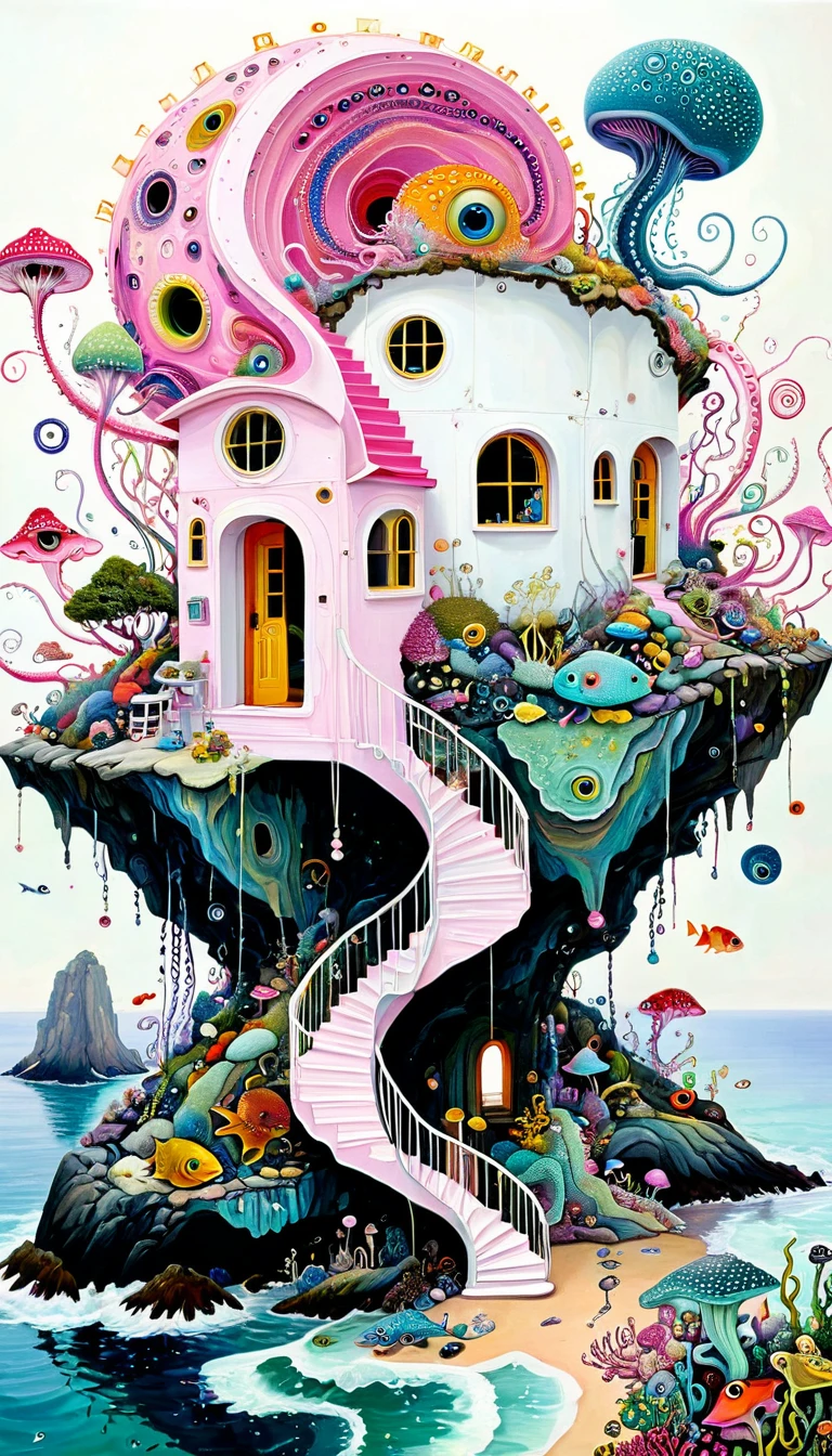 "Dick Ellescas Artist Style",cabin on cliff,Tentacles瀑布,粉色美人fish、fish,Tentacles,bird、Eye、autistic patient、diatom,Spiral Staircase,Stitching together an abstract painting,Describing the inner world of autistic people,Sense of space,White Space,interesting,Innocence,Psychedelic Art,Pink theme