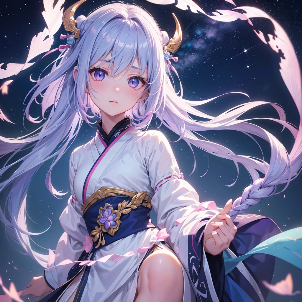 Sky blue braid,Pink Eyes,Fair skin ,(whole body),(One girl),Hanfu,Tanabata,(The beautiful, sparkling Milky Way in the night sky),Lonely Eyes,,(masterpiece, Highest quality, Very detailed, Best Shadow), (Detailed Background), (Beautifully detailed face), High Contrast, (Best lighting, Very delicate and beautiful), ((Cinematic Light)), colorful, Hyper Detail, Dramatic Light, Intricate details,