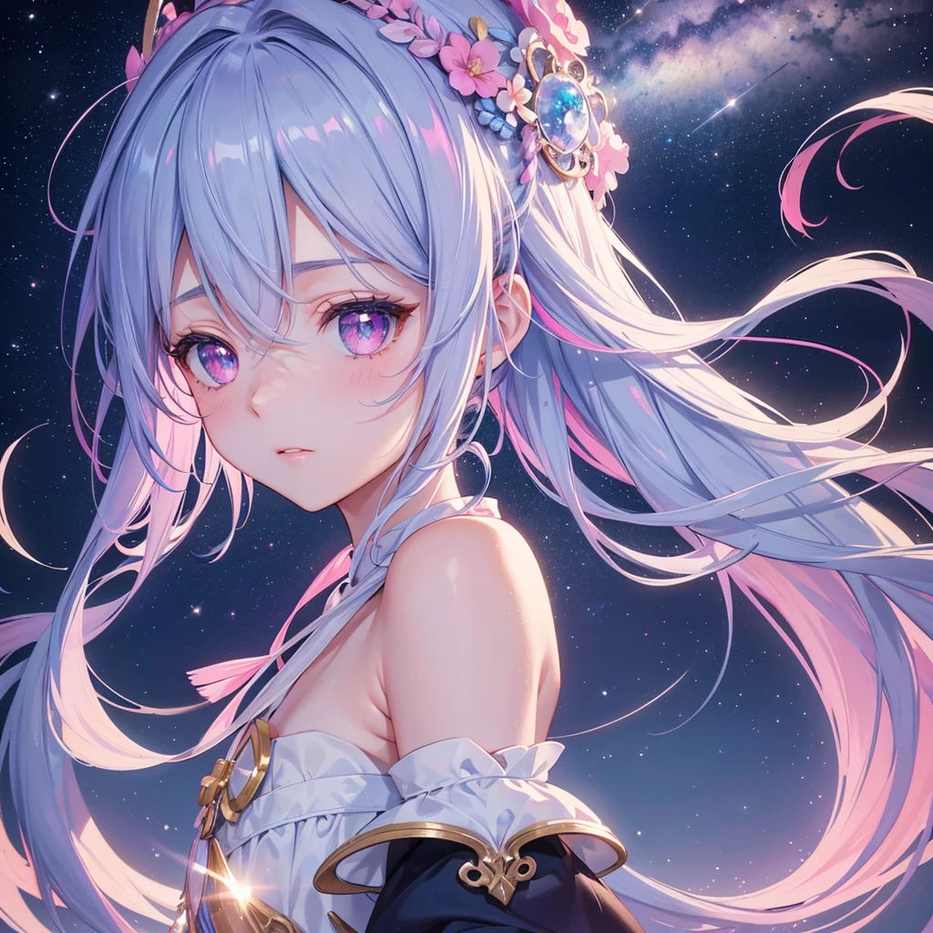 Sky blue braid,Pink Eyes,Fair skin ,(whole body),(One girl),Hanfu,Tanabata,(The beautiful, sparkling Milky Way in the night sky),Lonely Eyes,,(masterpiece, Highest quality, Very detailed, Best Shadow), (Detailed Background), (Beautifully detailed face), High Contrast, (Best lighting, Very delicate and beautiful), ((Cinematic Light)), colorful, Hyper Detail, Dramatic Light, Intricate details,