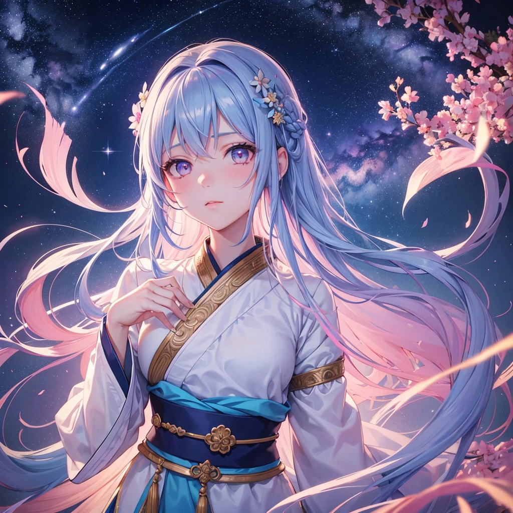 Sky blue braid,Pink Eyes,Fair skin ,(whole body),(One girl),Hanfu,Tanabata,(The beautiful, sparkling Milky Way in the night sky),Lonely Eyes,,(masterpiece, Highest quality, Very detailed, Best Shadow), (Detailed Background), (Beautifully detailed face), High Contrast, (Best lighting, Very delicate and beautiful), ((Cinematic Light)), colorful, Hyper Detail, Dramatic Light, Intricate details,