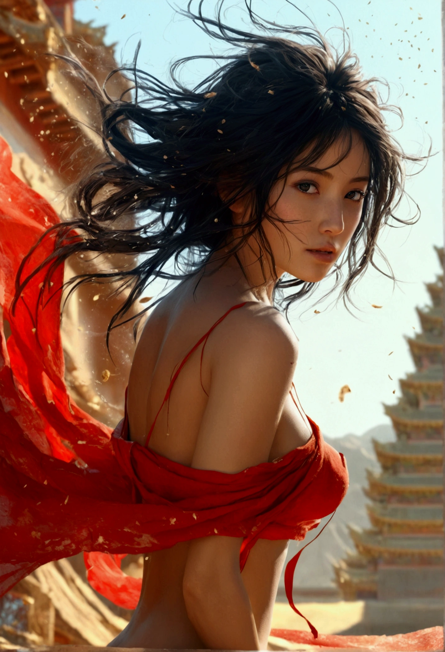 (RAW Photo, Best Quality), (Realistic, Photo Realistic: 1.3), Best Quality, Highly Detailed, Masterpiece, Hyperdetail, Illustration, 1 naked Girl, Dynamic Angle, World Masterpiece Theater, messy_long_hair, Best Quality, Very Detailed CG Unity 8k Wallpaper, Ink, Amazing, Cinematic Lighting, lens_flare, Full Body Image: 1.2, dunhuang_style, Flying: 1.2