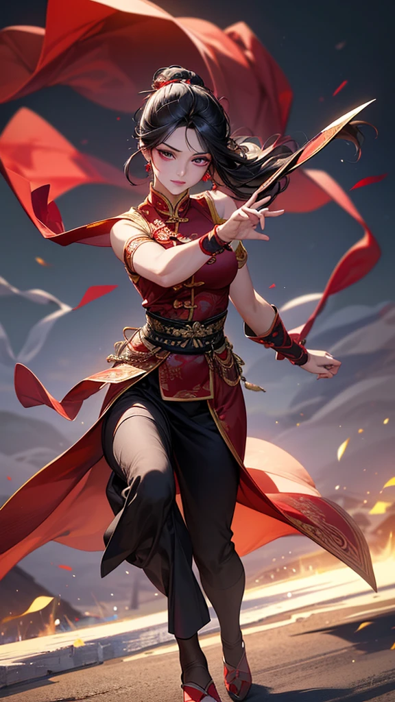 Highest quality, Ultra-high resolution, (Realistic: 1.4), beautiful Eyes, Super beautiful女性,30 years old、Full Body Shot、 beautiful, Warrior, Chinese style、Dance、((Black Hair、Updo Hair)),Red tones、inflammation、beautiful Soldier, Eyes that beckon, Mistress&#39;s point of view, Droopy eyes、Attractive look, Sexy smile, Perfect Style, Perfect balance、Large Breasts、 Detailed skin, Mischievous Gaze,beautiful背景