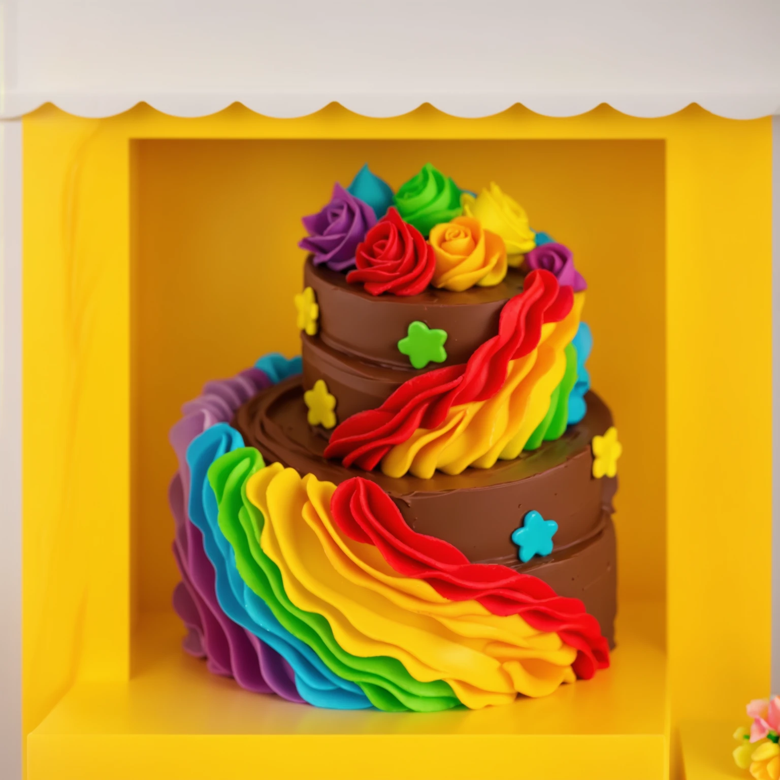 worth a toy plastic yellow store, inside the store chocolate cake with rainbow cream. there is a plastic banner next to it, next to it is a vase of flowers, next to the wall hangs a wooden shelf with carvings on which lie bright sweets, bakery shop scene with torti inside,  Beautiful light from the window, contour light, Multiple light sources, beautiful lighting, Bright light source, bright lighting, beautiful light sources, Multiple light sources, Realistic style , realistic texture, detailed texture, A high resolution, high quality, realistic photo, ultra hd 4k,