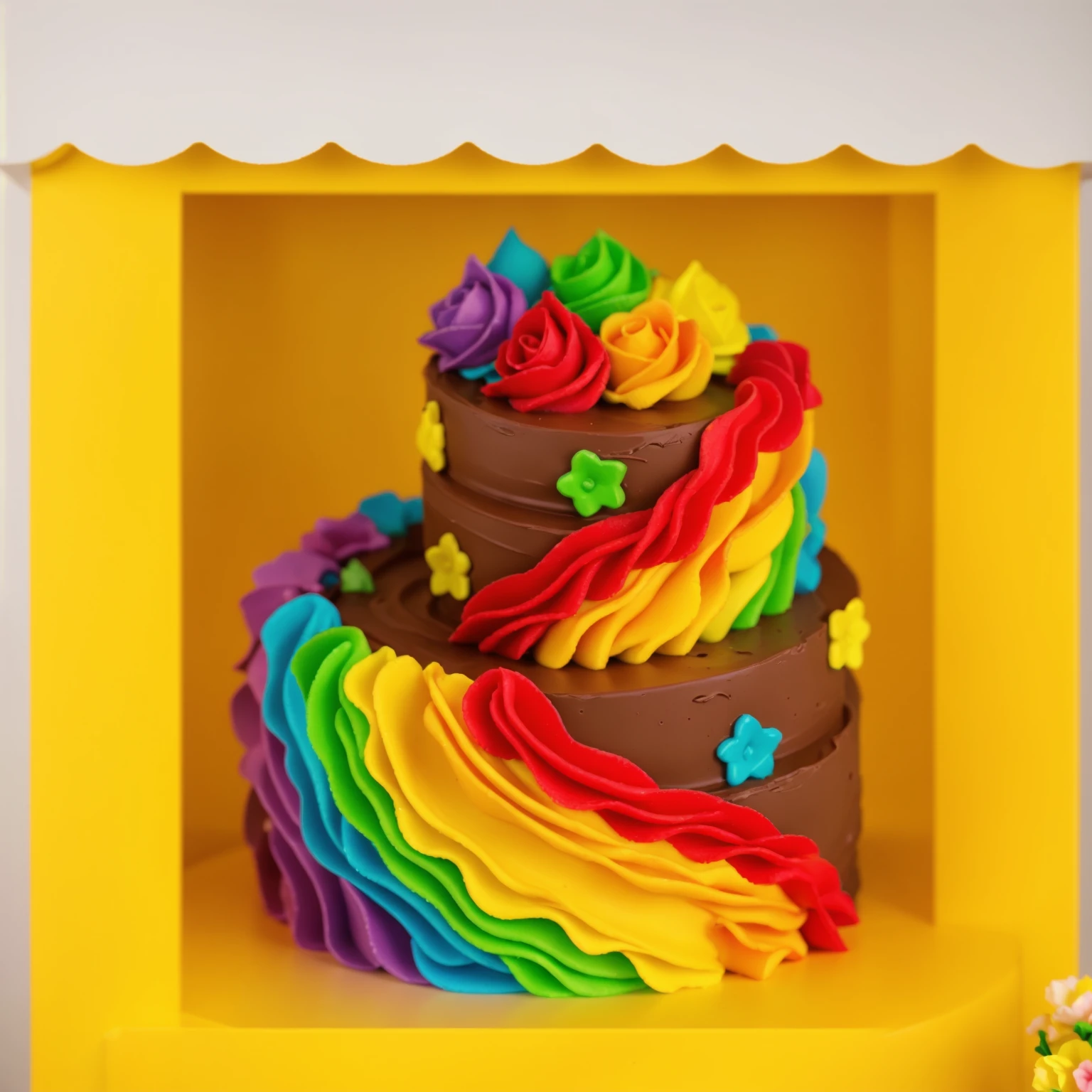worth a toy plastic yellow store, inside the store chocolate cake with rainbow cream. there is a plastic banner next to it, next to it is a vase of flowers, next to the wall hangs a wooden shelf with carvings on which lie bright sweets, bakery shop scene with torti inside, Beautiful light from the window, contour light, Multiple light sources, beautiful lighting, Bright light source, bright lighting, beautiful light sources, Multiple light sources, Realistic style , realistic texture, detailed texture, A high resolution, high quality, realistic photo, ultra hd 4k,