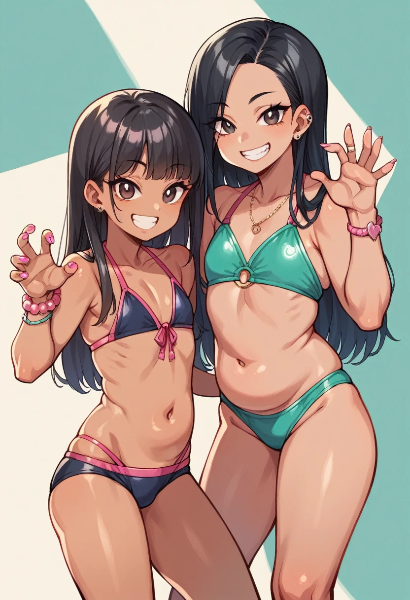 2人の女の子(,young girl ,short stature,gyaru)) ,flat chest,nsfw,plump,swimsuits,big head、evilsmiling,black hair,long hair,bobcut.cute pose,