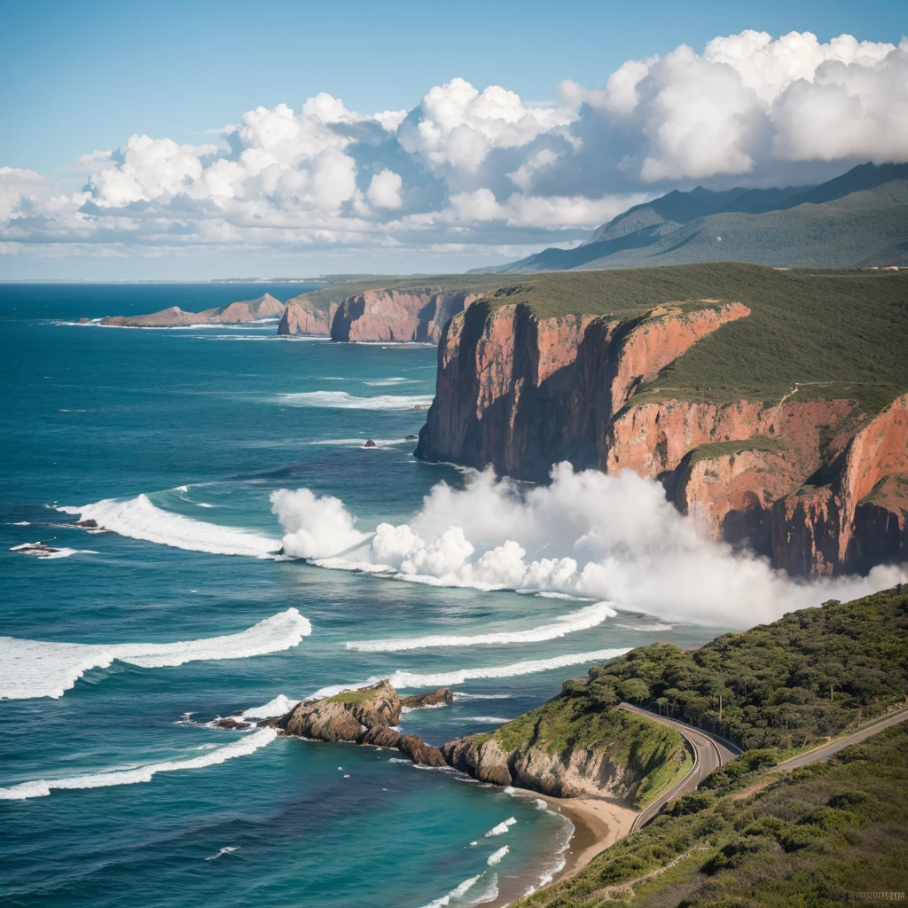 Train running along the coast The clouds are moving slowly