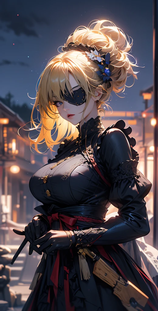 masterpiece, high quality, 4K, Beautiful design, silhouette，blonde， Eye patch，非常に詳細な夜のStarry Sky,Flower Field， wonderful, Finer details,  Very knowledgeable woman, Highly detailed solo, 1 female,Big Breasts，Red Gothic Lolita Fashion，２Hold the gun in front of your chest.，Night view，Starry Sky，full moon，