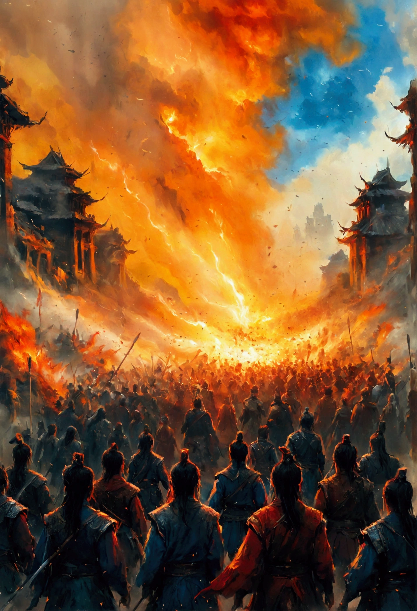 Create a vivid and intense scene of a burning battlefield, drawing inspiration from the epic battles depicted in the Indian sacred texts like the Mahabharata and the Ramayana. The scene should capture the chaos and grandeur of an ancient war, with warriors clad in traditional armor, wielding swords, bows, and magical weapons. The landscape is ablaze with fire, casting an orange glow over the battlefield. In the background, majestic temples and ancient structures stand as silent witnesses to the clash. The sky is dark with smoke and ash, and mythical creatures and divine beings can be seen amidst the turmoil, adding an ethereal and mystical element to the scene. Emphasize the dramatic and epic nature of the battle, with dynamic poses and expressive faces of the warriors